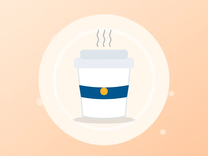 Illustrated takeaway hot coffee cup with a blue sleeve and rising steam