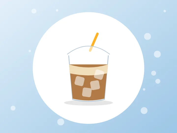 Illustration of an iced coffee with ice cubes and a yellow straw