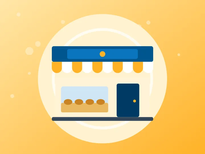 Illustrated bakery shopfront with a blue and yellow awning and a window of fresh bakes