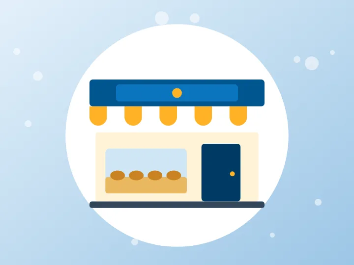 Illustrated bakery shopfront representing opening and closing times