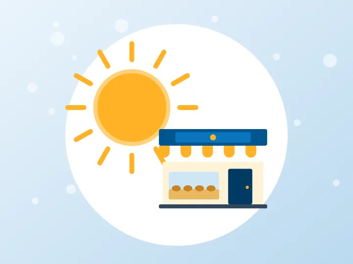 Illustration of a sunny day above a bakery shopfront for Saturday hours