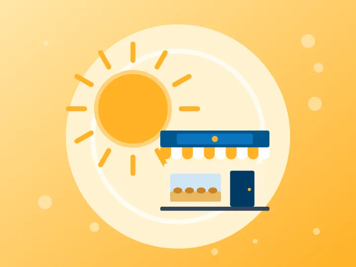 Illustration of a sun rising over a small bakery for Sunday hours