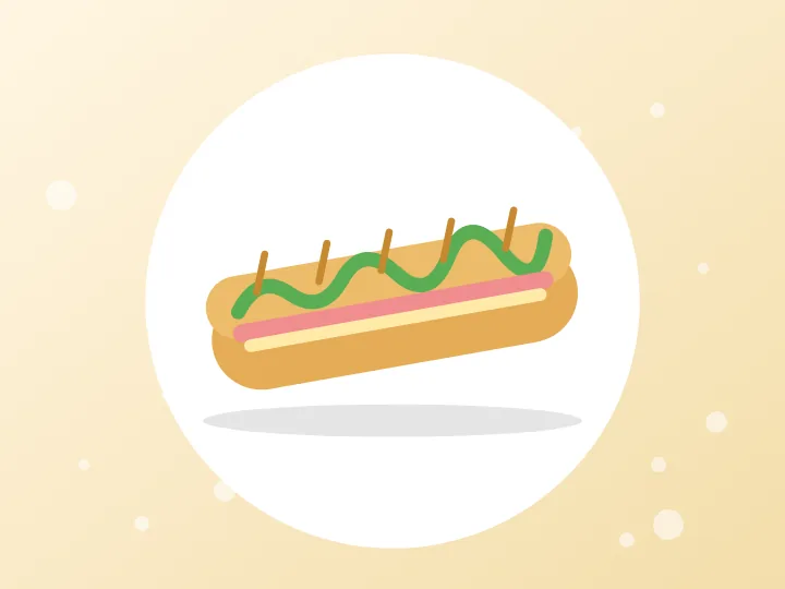 Illustration of a baguette filled with ham and salad