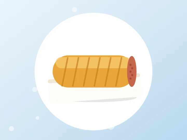 Illustration of a golden sausage roll on wax paper